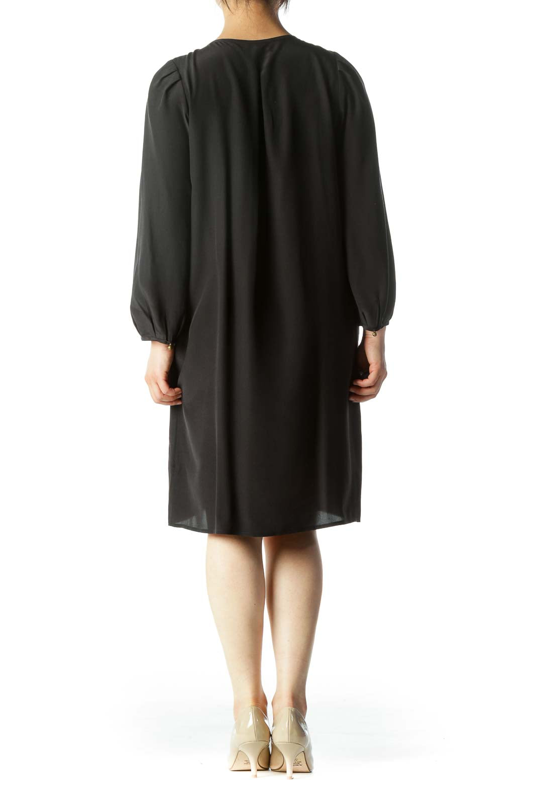 Black 100% Silk Chest-Pleated Buttoned 3/4 Sleeve Peasant Cocktail Dress