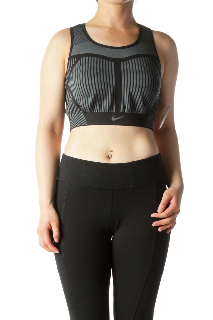 Gray Black Knitted Pattern Stretch Active Bra