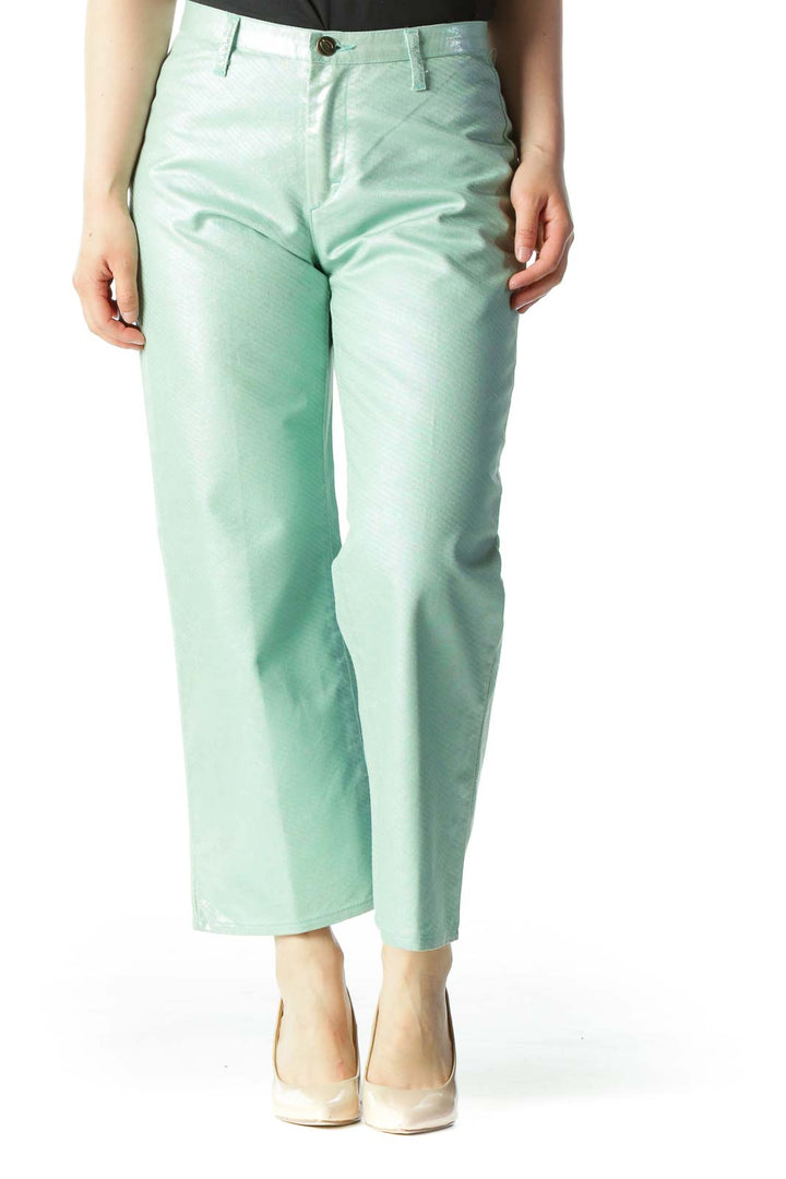 Green Metallic Designer Cropped Straight-Leg Pants