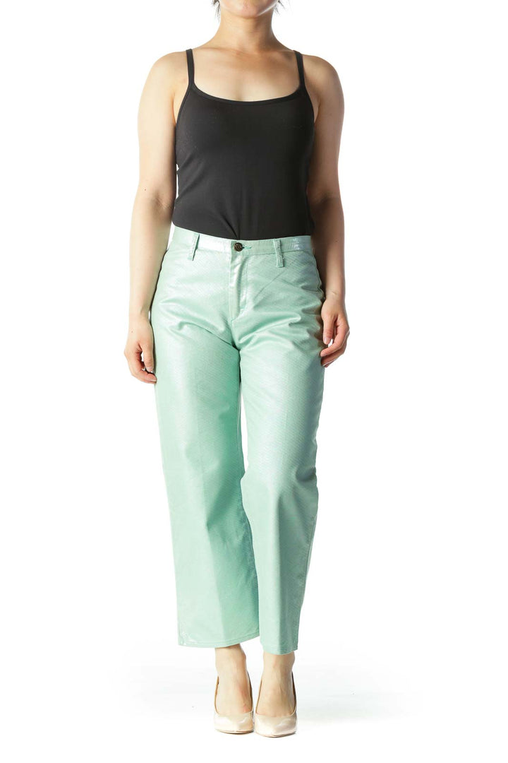 Green Metallic Designer Cropped Straight-Leg Pants