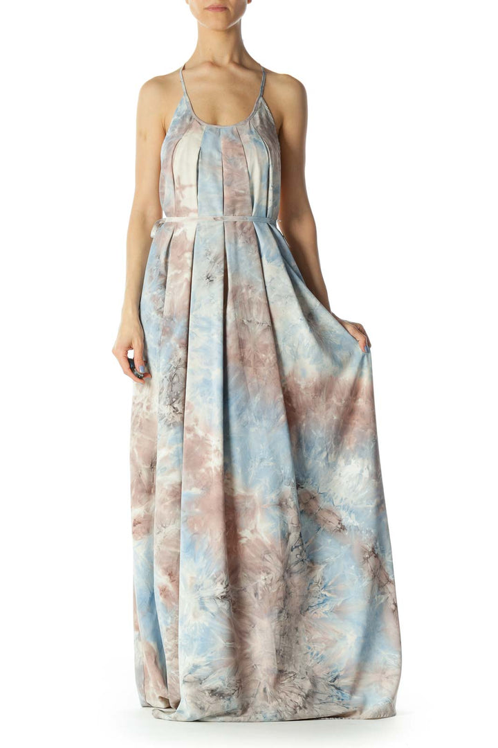 Light Blue/Pink/Gray Print Round-Neck Back Embroidered Strap Long Dress