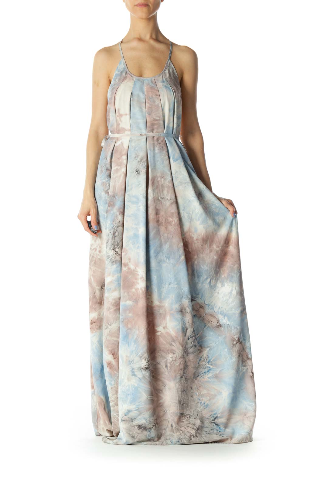 Light Blue/Pink/Gray Print Round-Neck Back Embroidered Strap Long Dress