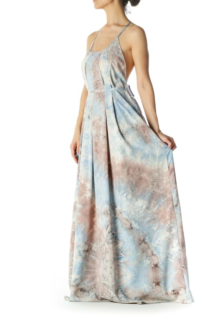 Light Blue/Pink/Gray Print Round-Neck Back Embroidered Strap Long Dress