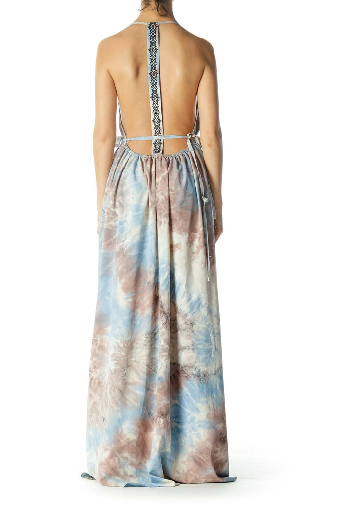 Light Blue/Pink/Gray Print Round-Neck Back Embroidered Strap Long Dress