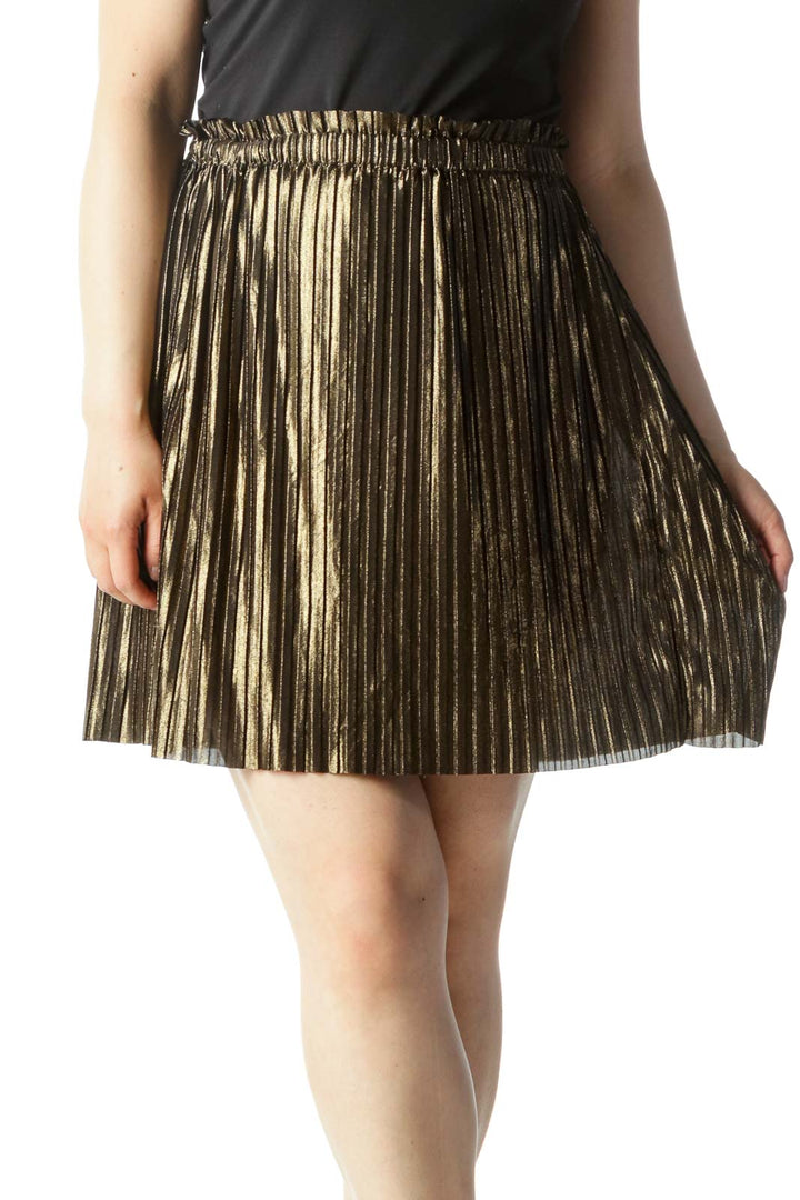 Gold Pleated Cinched-Waist A-Line Skirt