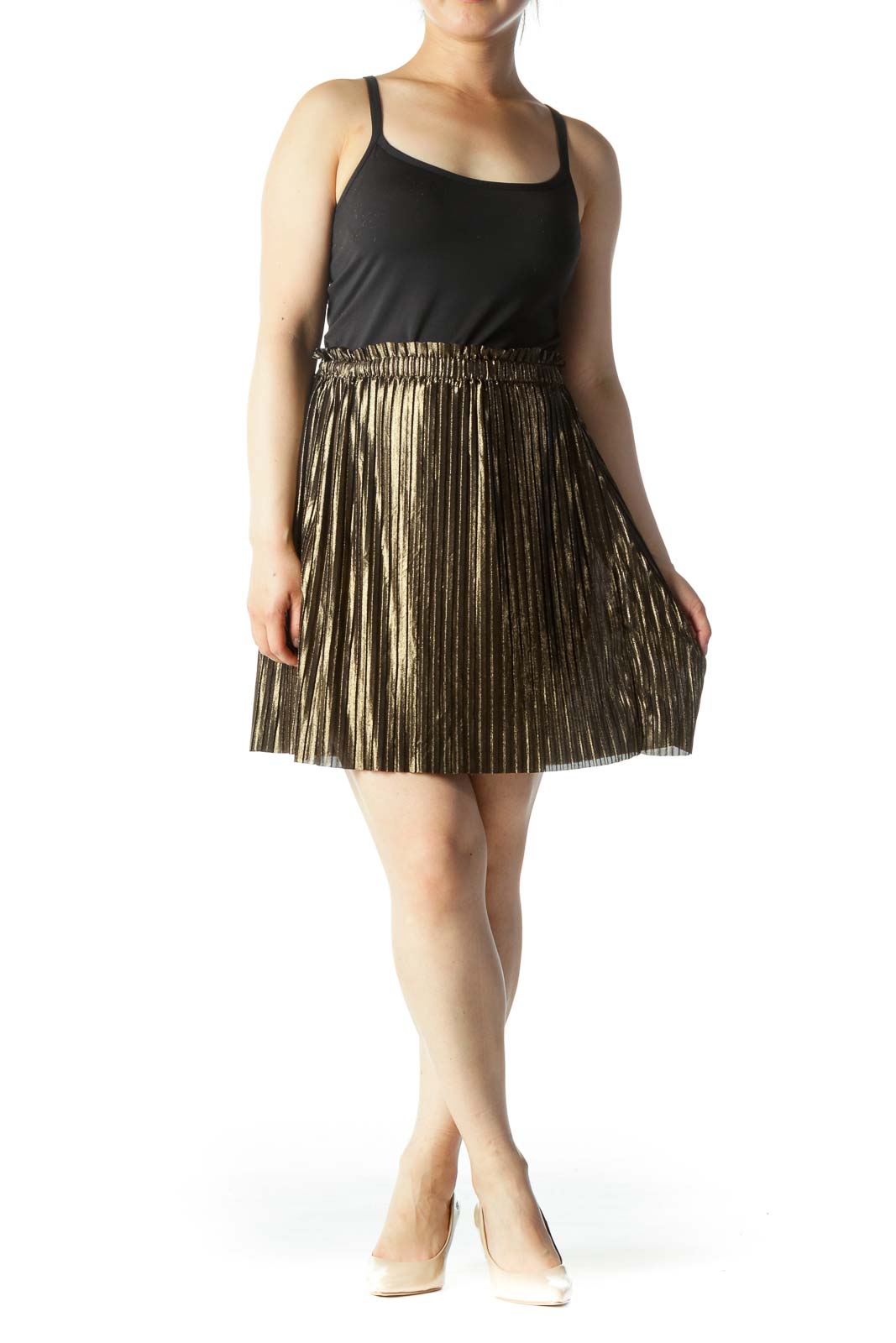 Gold Pleated Cinched-Waist A-Line Skirt