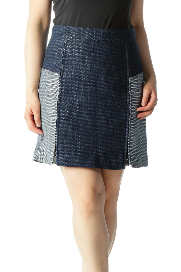 Navy & White Zipper-Opening Tweed Color-Blocked Pencil Skirt