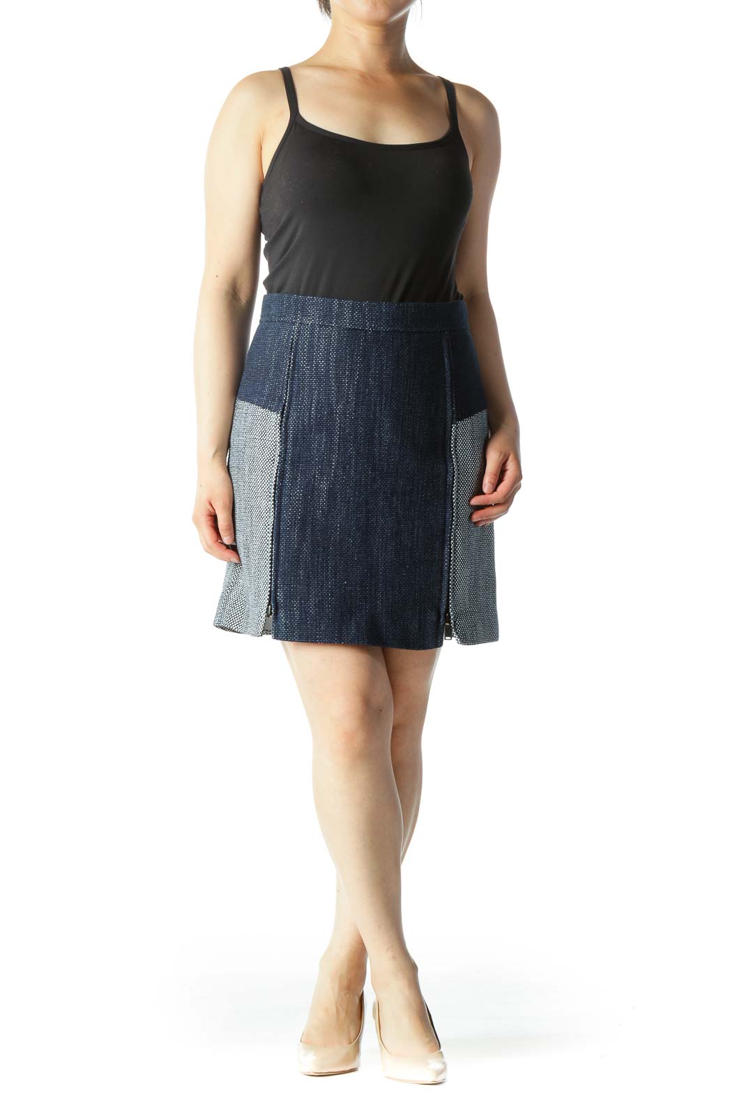 Navy & White Zipper-Opening Tweed Color-Blocked Pencil Skirt