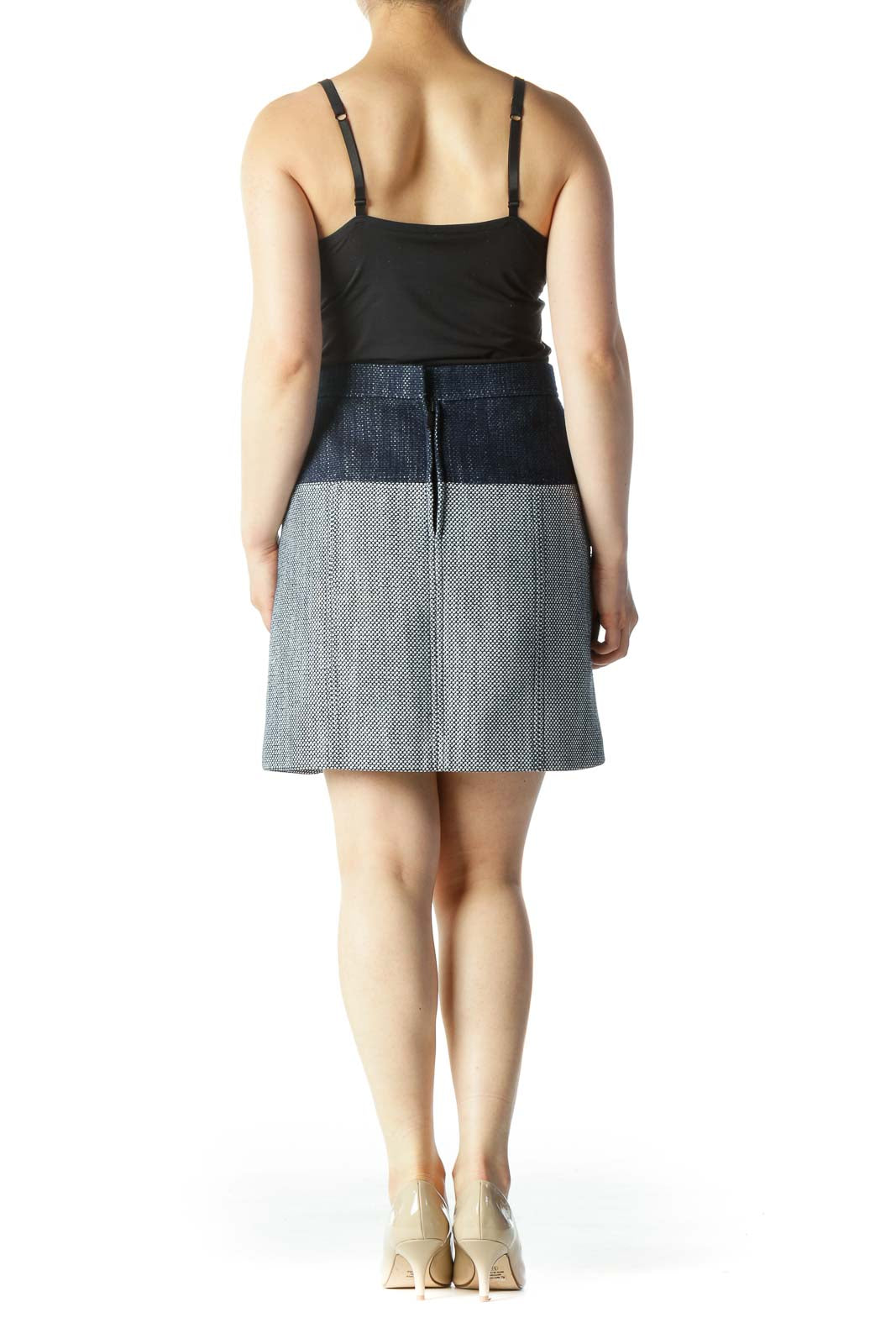 Navy & White Zipper-Opening Tweed Color-Blocked Pencil Skirt