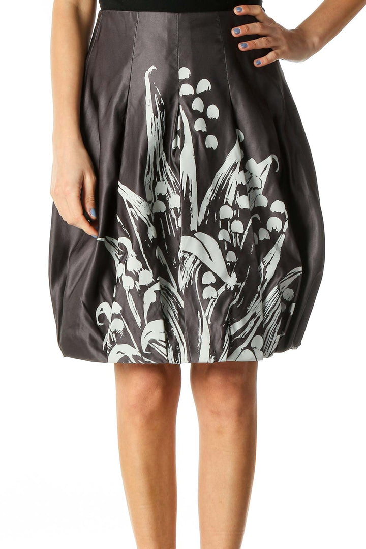 Gray & White Floral-Printed Designer Pleated Bubble Skirt