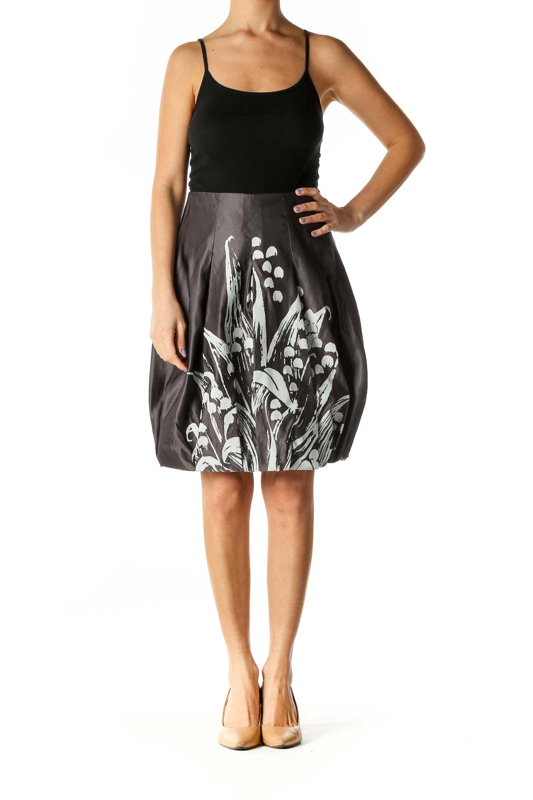 Gray & White Floral-Printed Designer Pleated Bubble Skirt