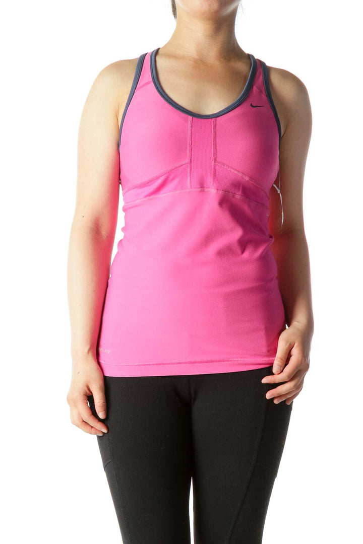 Pink Blue Piping Stretch Sports Top with Built-in Bra