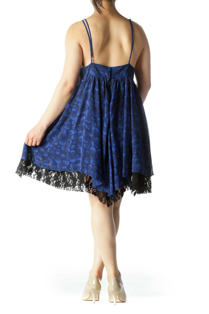 Blue & Black Printed Lace-Breasted Spaghetti Strap Day Dress