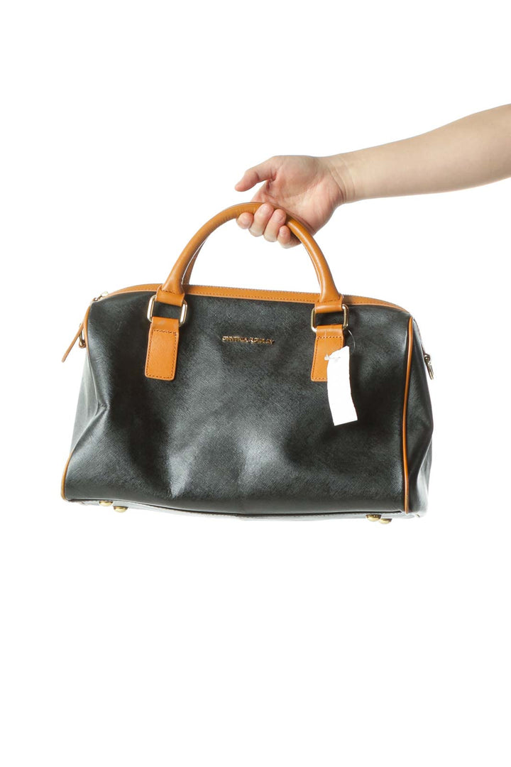 Black Color Block Leather Satchel