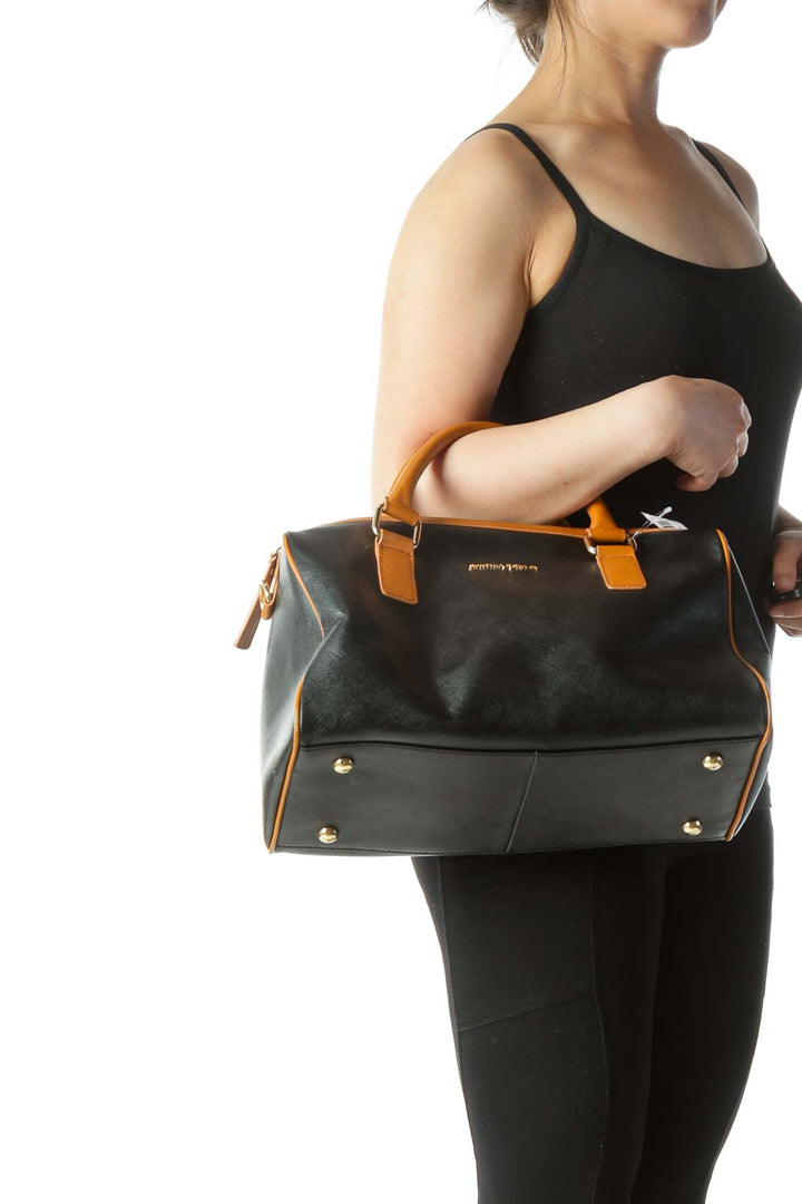 Black Color Block Leather Satchel