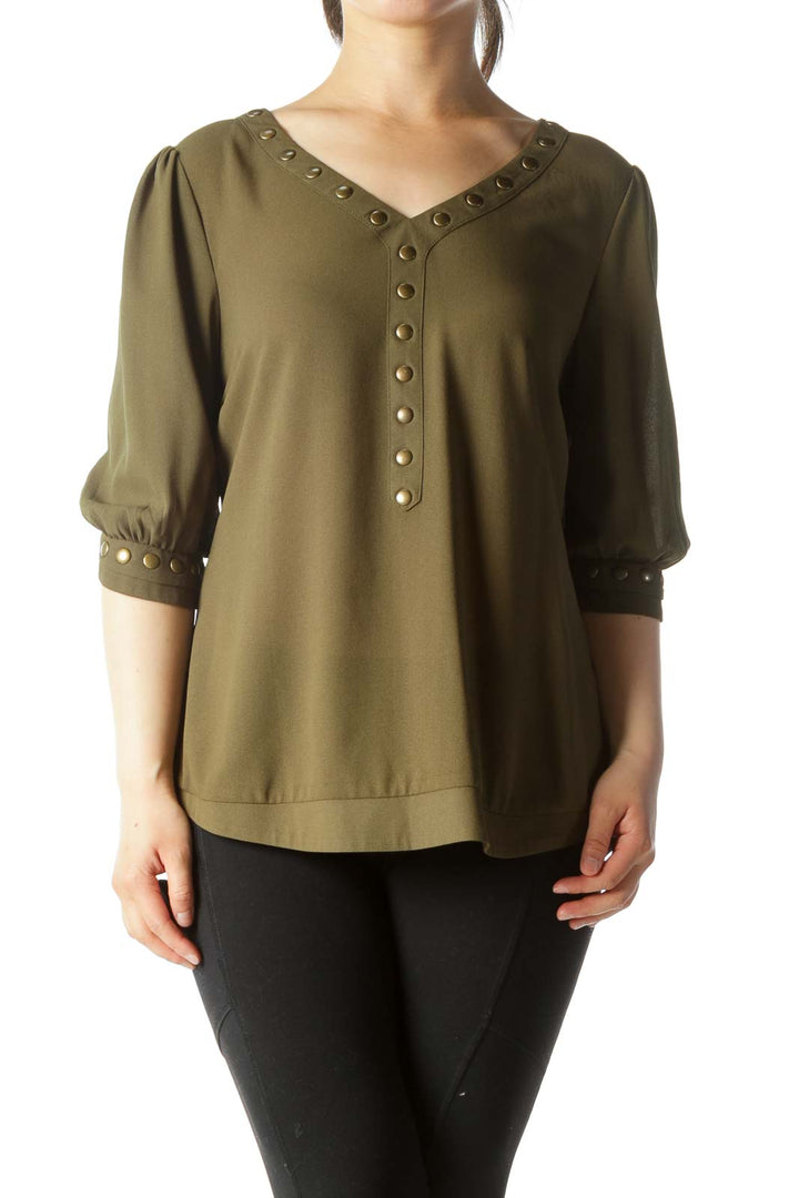 Olive Green V-Neck Studded 3/4-Sleeve Stretch Blouse