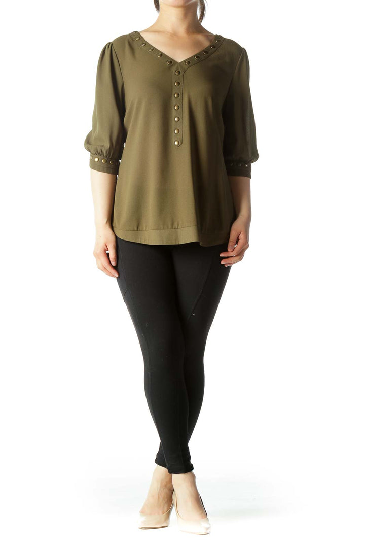 Olive Green V-Neck Studded 3/4-Sleeve Stretch Blouse