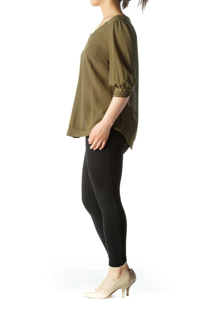 Olive Green V-Neck Studded 3/4-Sleeve Stretch Blouse