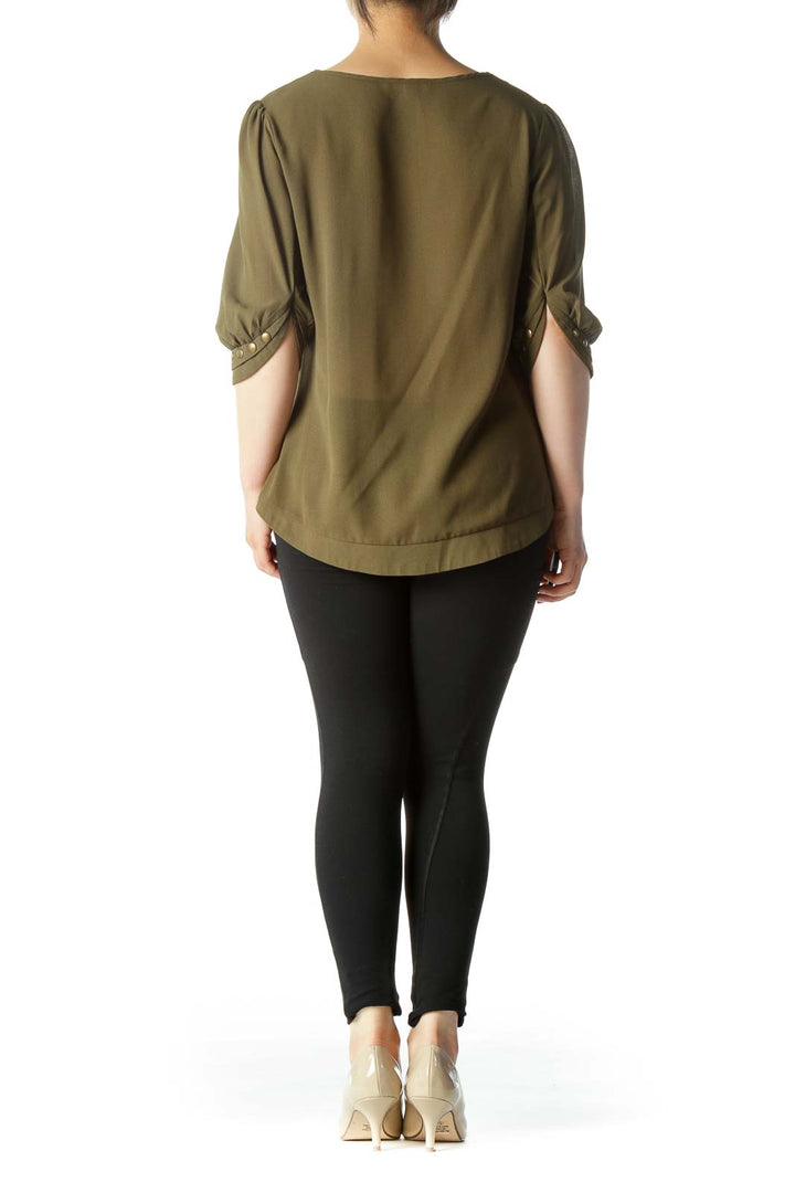 Olive Green V-Neck Studded 3/4-Sleeve Stretch Blouse