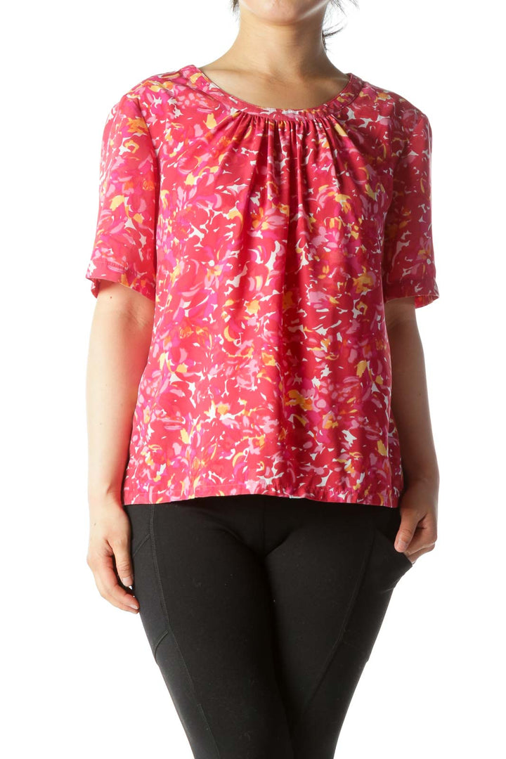 Pink Yellow White Print Short Sleeve Ruched Neckline Top