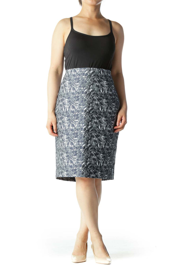 Navy & White Jacquard Leaf-Print Pencil Skirt