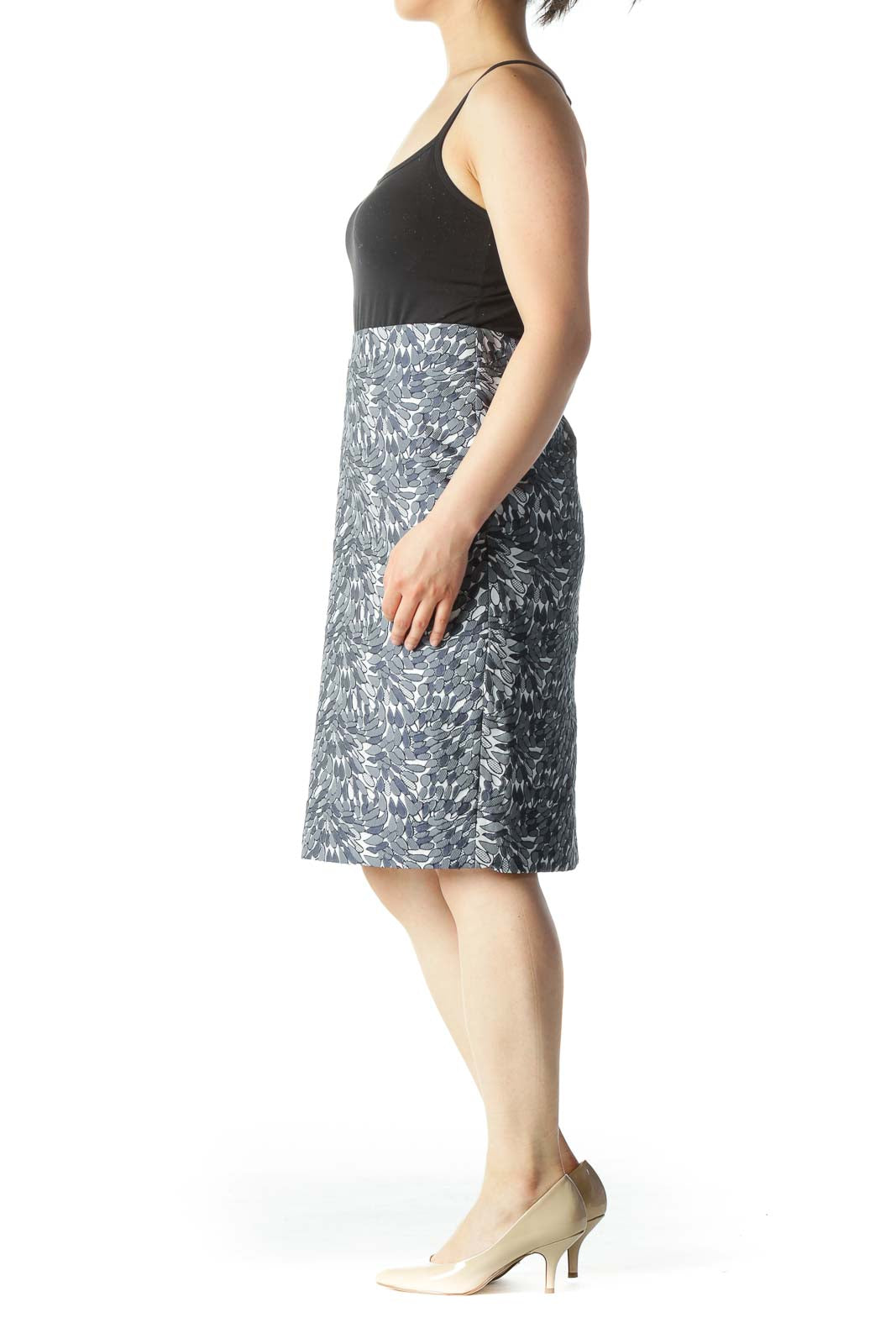 Navy & White Jacquard Leaf-Print Pencil Skirt