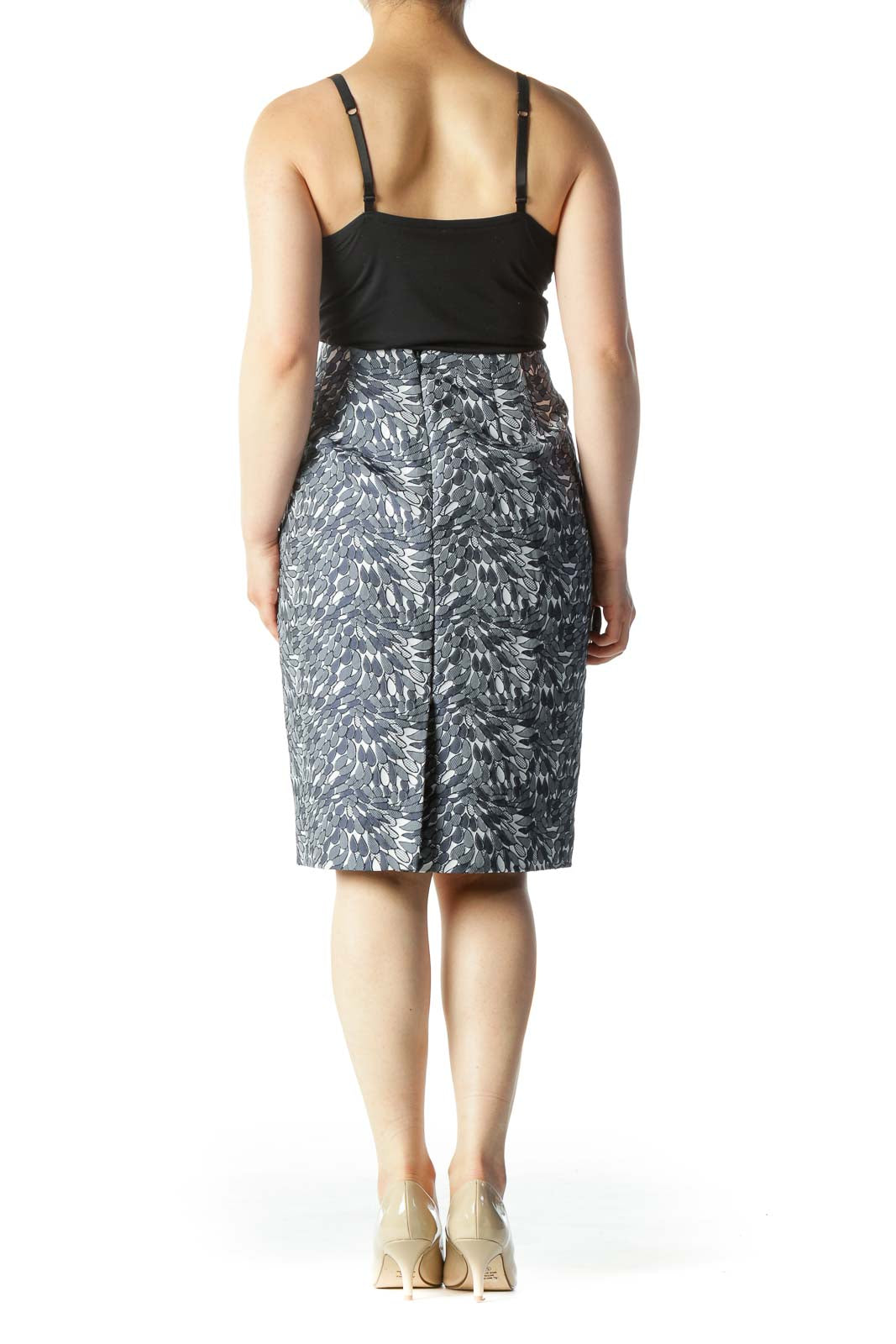 Navy & White Jacquard Leaf-Print Pencil Skirt