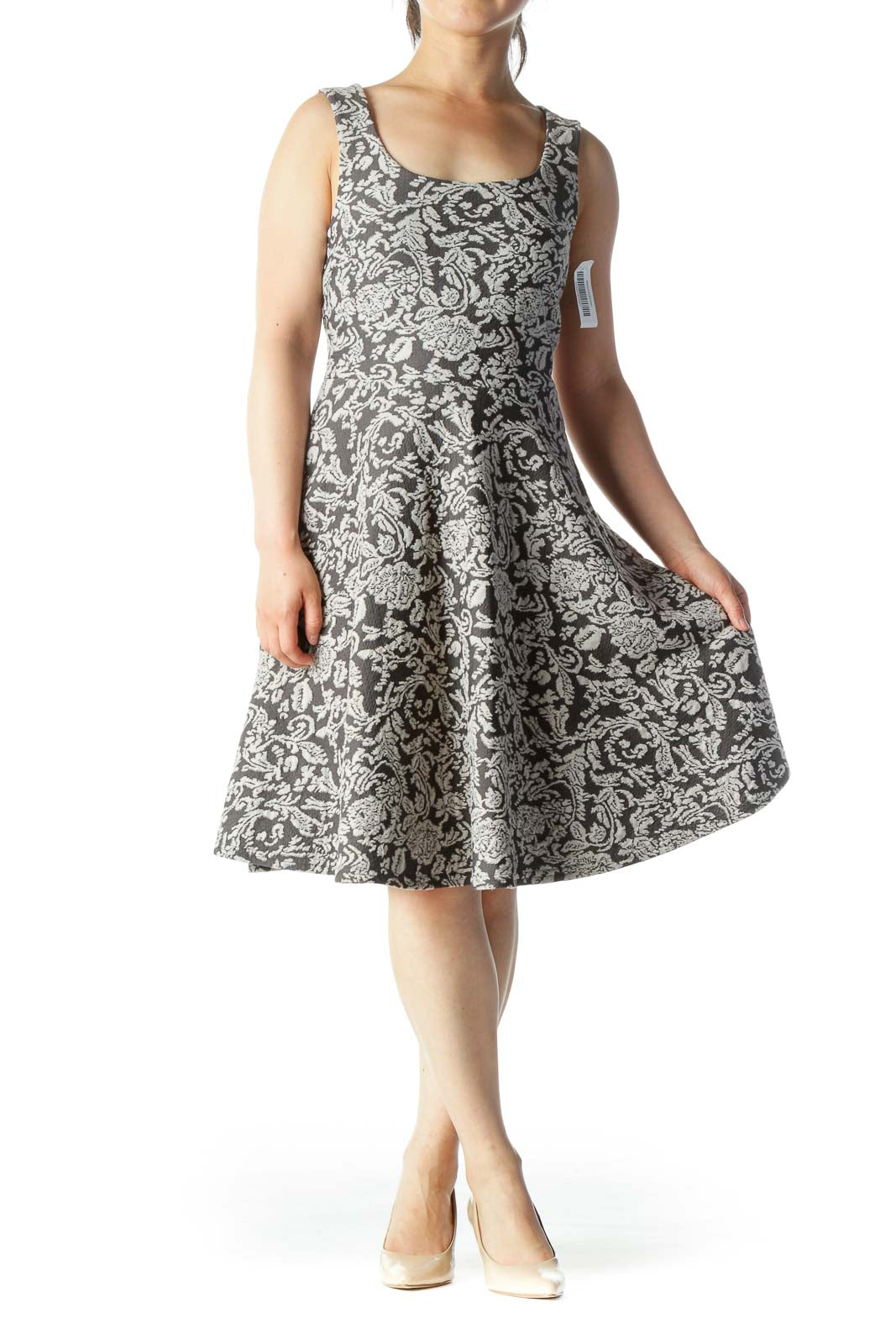 Gray Floral-Design Flared Sleeveless Knit Dress