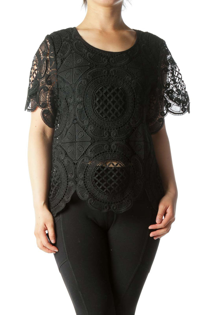 Black Knit Short-Sleeve See-Through Design Top