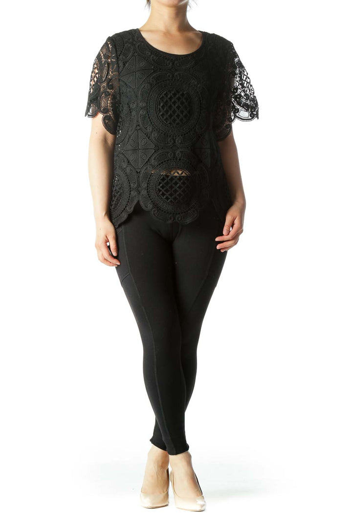 Black Knit Short-Sleeve See-Through Design Top