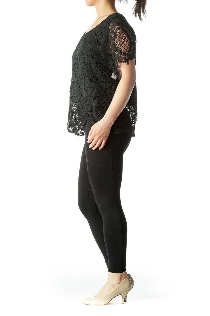 Black Knit Short-Sleeve See-Through Design Top