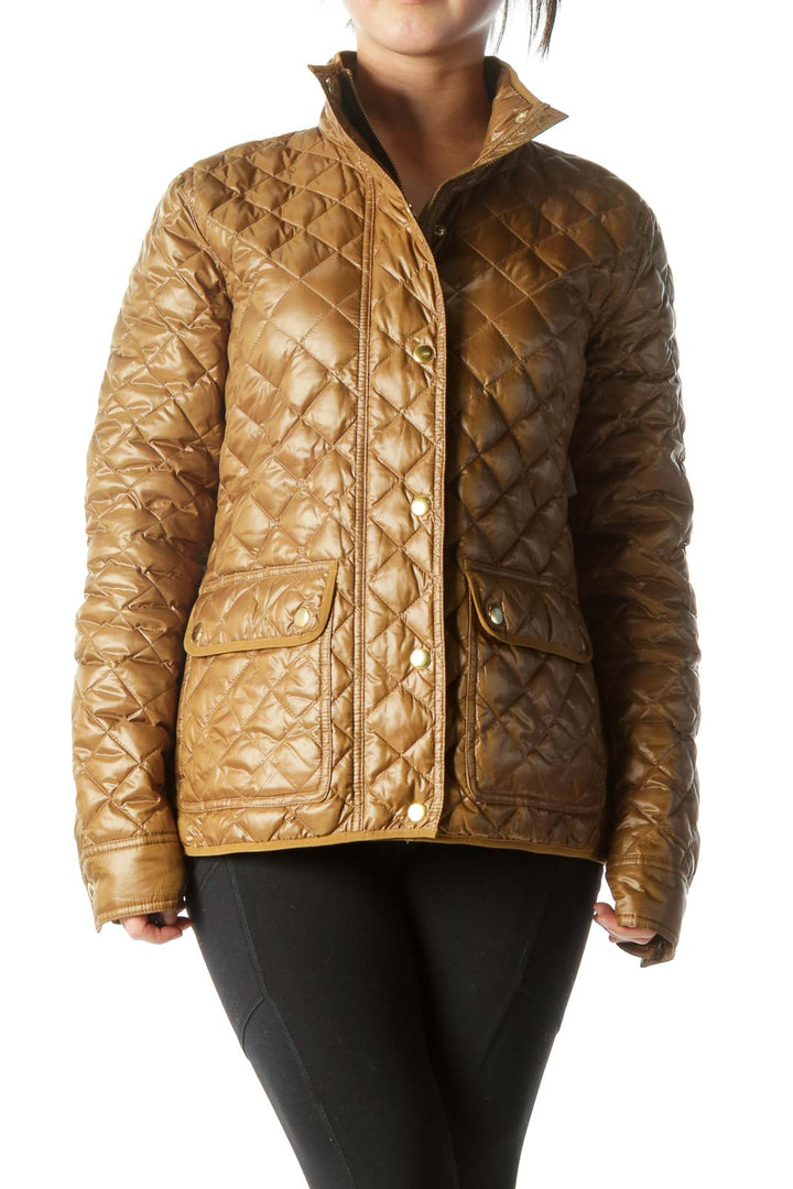 Gold Quilted Long-Sleeve Pocketed Fitted Jacket