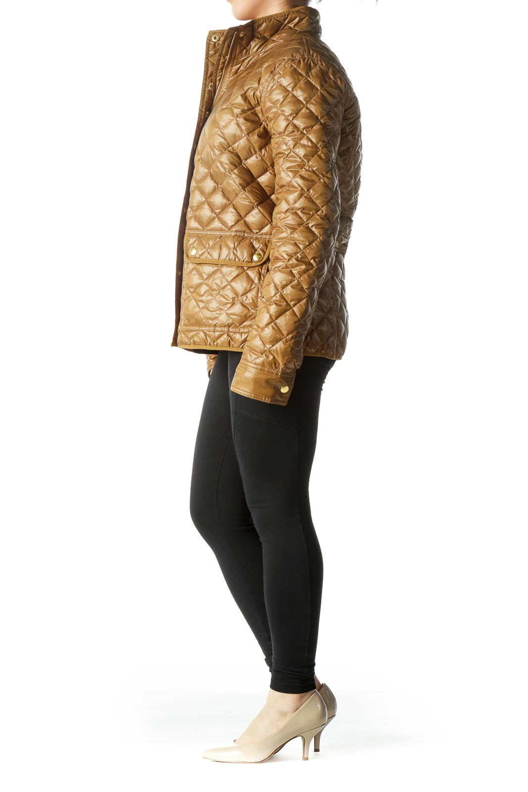 Gold Quilted Long-Sleeve Pocketed Fitted Jacket