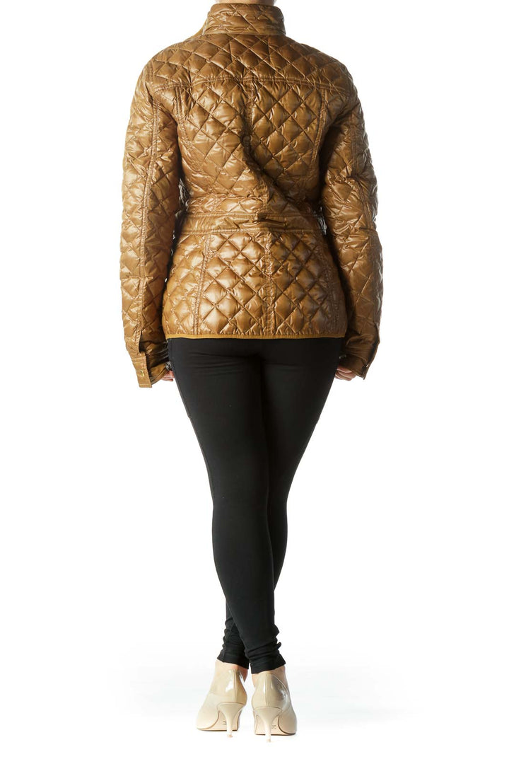 Gold Quilted Long-Sleeve Pocketed Fitted Jacket