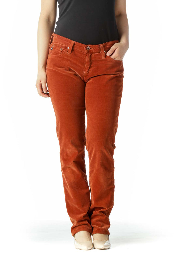 Burnt Orange Corduroy Slim Straight-Leg Stretch Pants