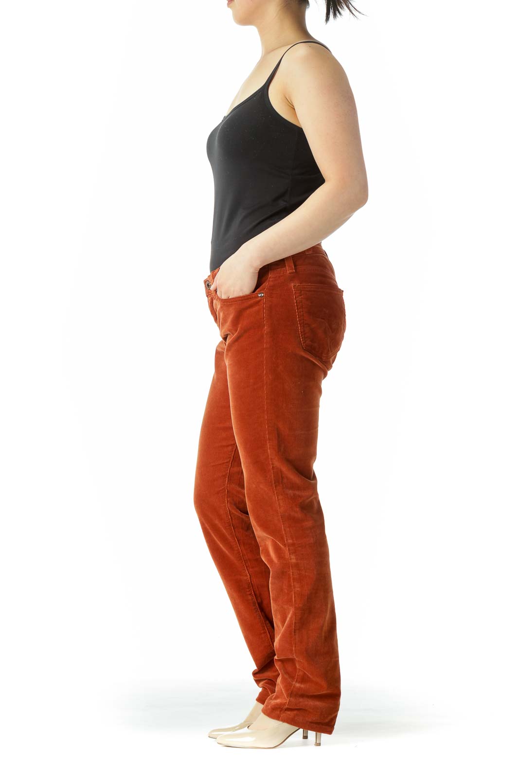 Burnt Orange Corduroy Slim Straight-Leg Stretch Pants