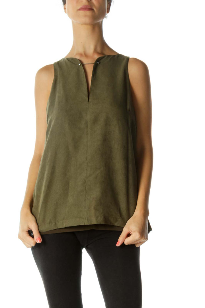 Olive Green Faux-Suede Metallic Detail Keyhole Lined Tank Top