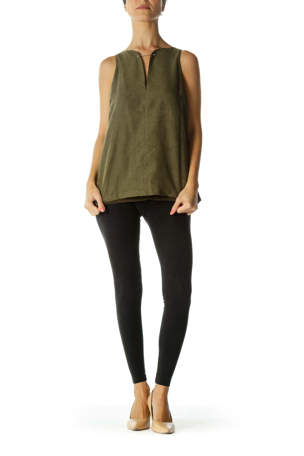 Olive Green Faux-Suede Metallic Detail Keyhole Lined Tank Top