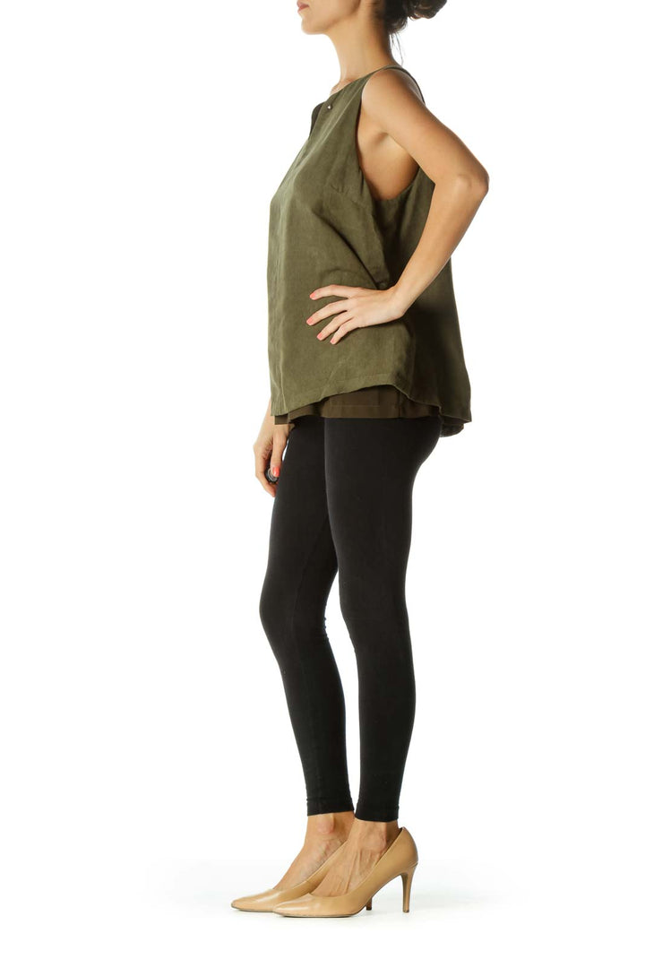 Olive Green Faux-Suede Metallic Detail Keyhole Lined Tank Top