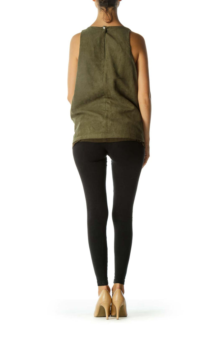 Olive Green Faux-Suede Metallic Detail Keyhole Lined Tank Top