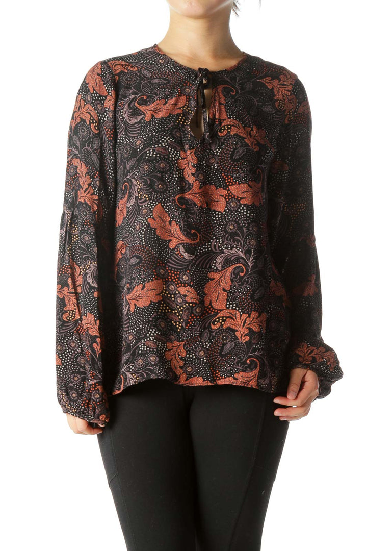 Black Orange Leaves Print V-Neck Long Sleeve Blouse