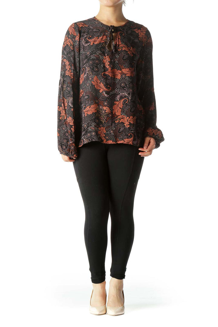 Black Orange Leaves Print V-Neck Long Sleeve Blouse