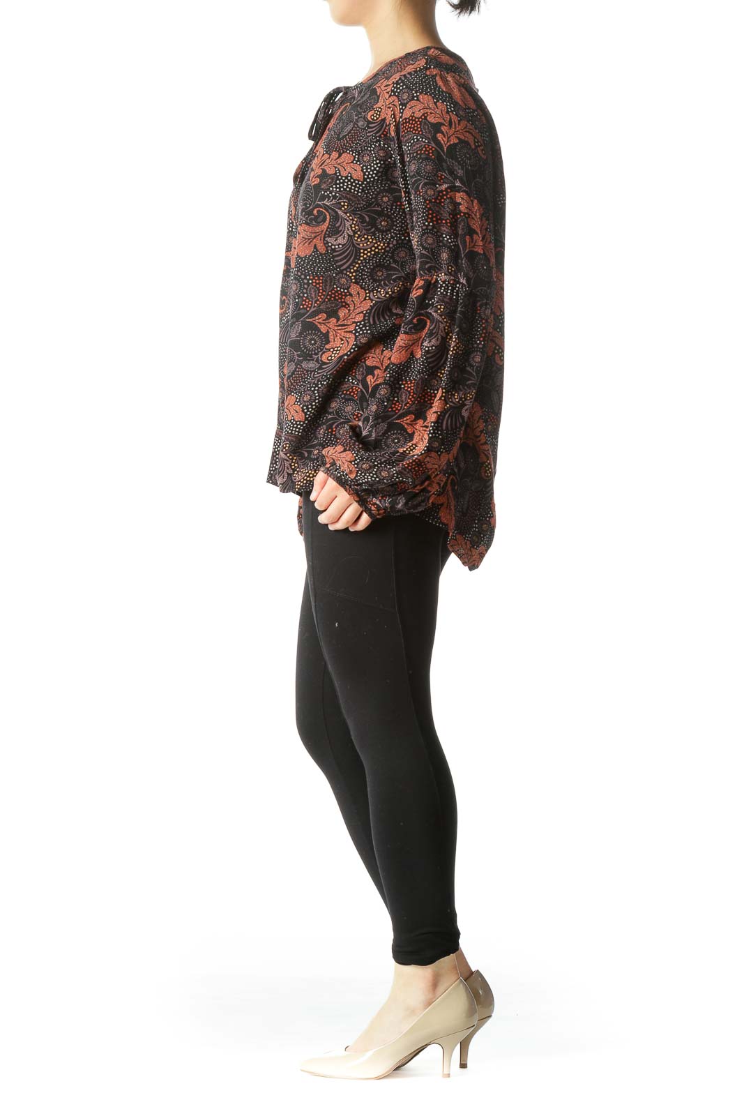 Black Orange Leaves Print V-Neck Long Sleeve Blouse