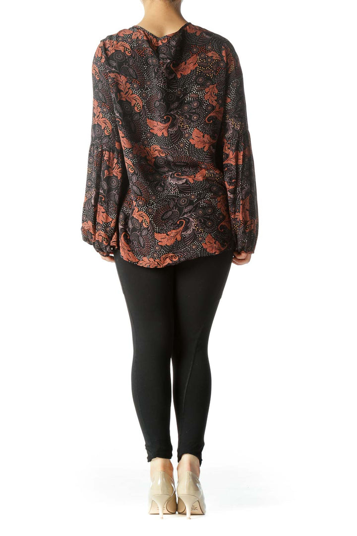 Black Orange Leaves Print V-Neck Long Sleeve Blouse