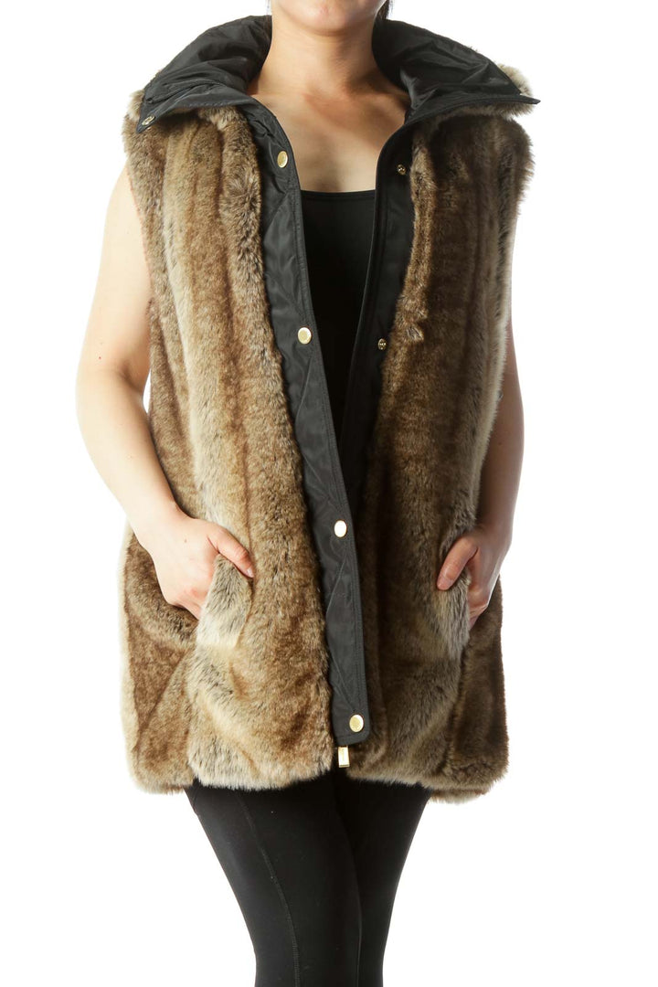 Black Brown Faux-Fur Hidden Hood in Zipper Vest