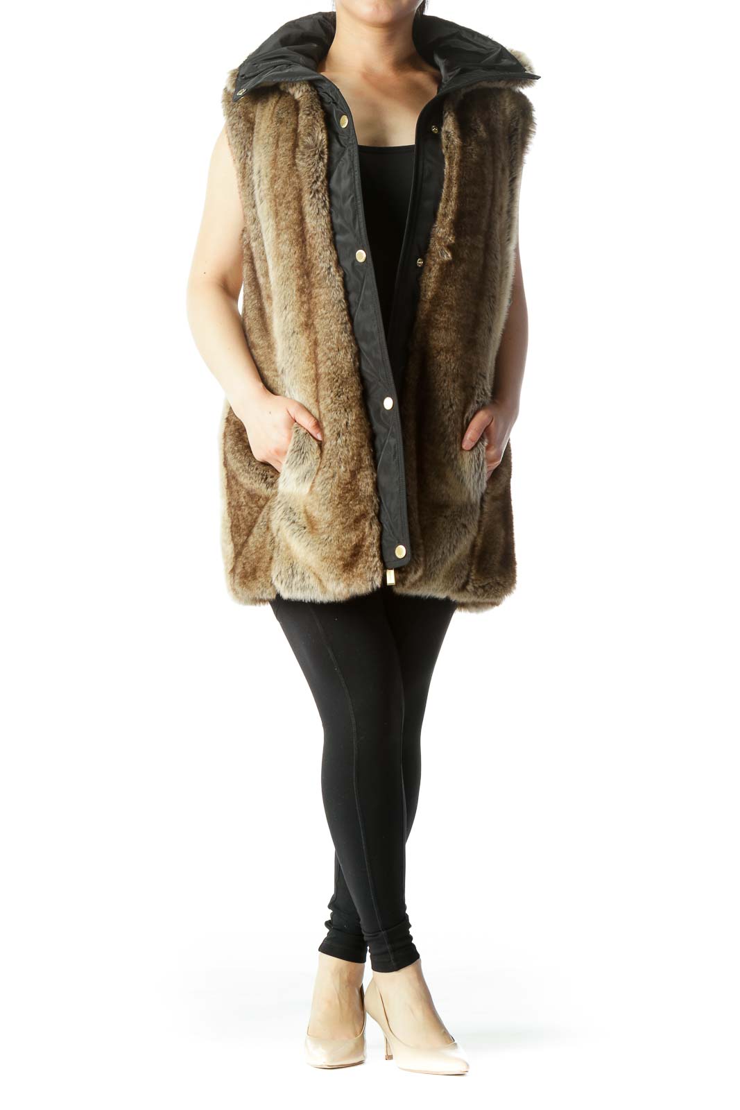 Black Brown Faux-Fur Hidden Hood in Zipper Vest