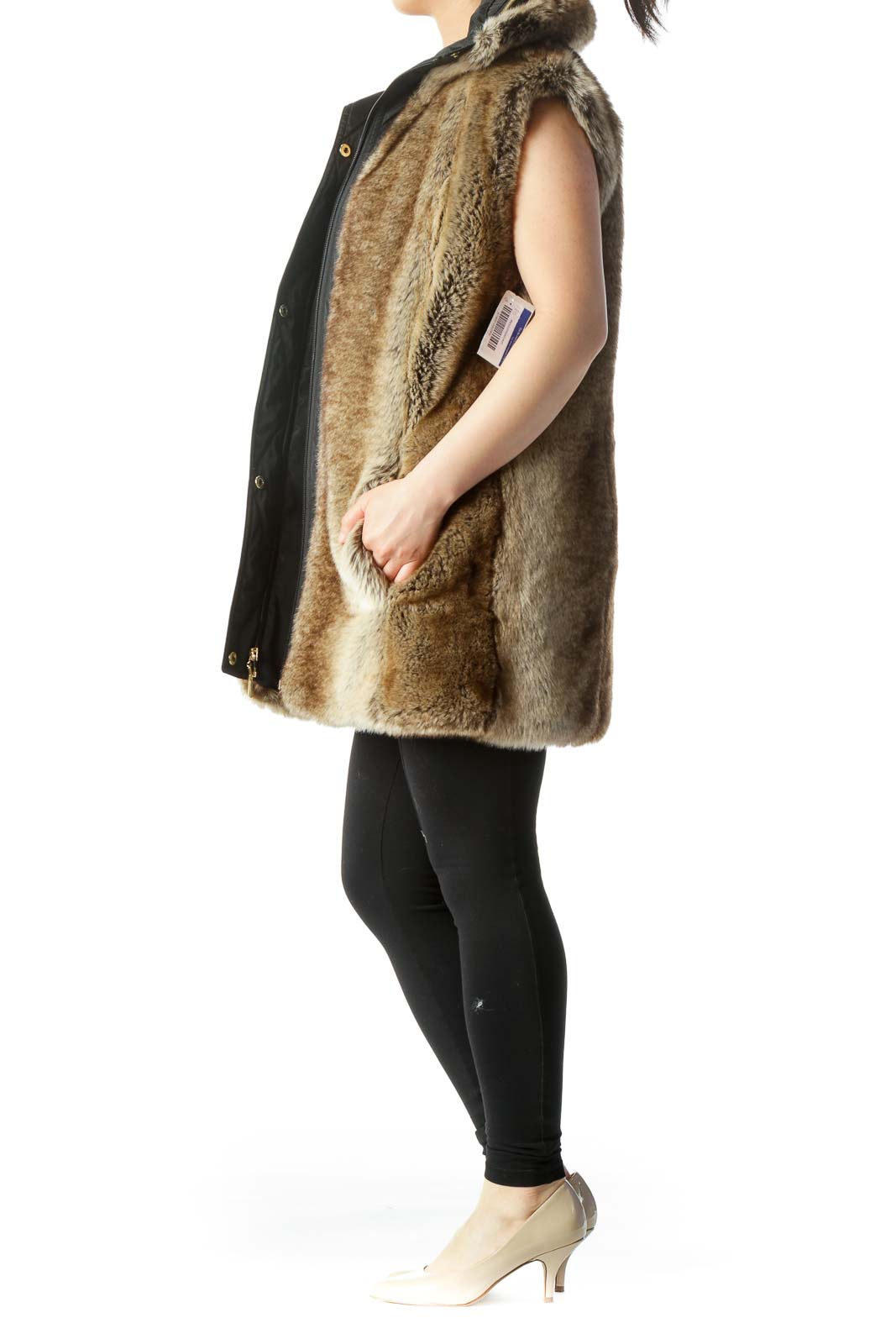 Black Brown Faux-Fur Hidden Hood in Zipper Vest