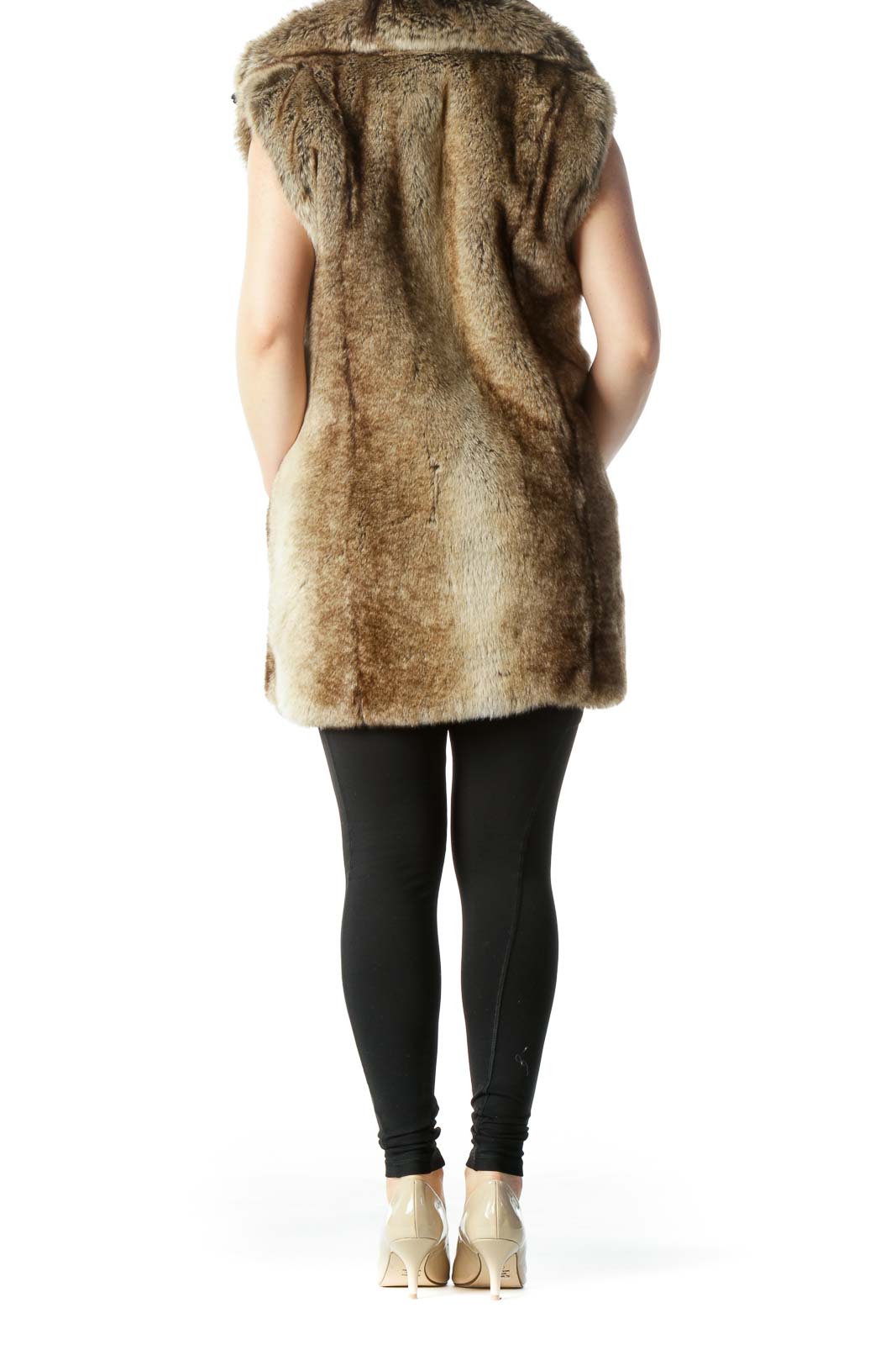 Black Brown Faux-Fur Hidden Hood in Zipper Vest