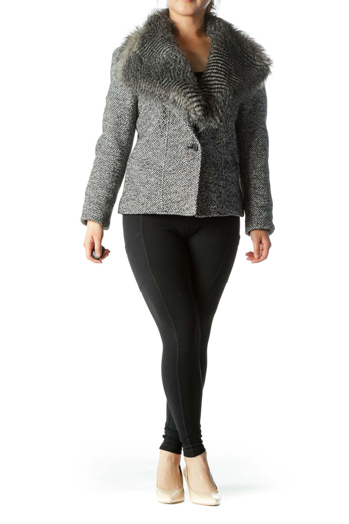 Black White Buttoned Removable Faux-Fur Collar Knit Blazer