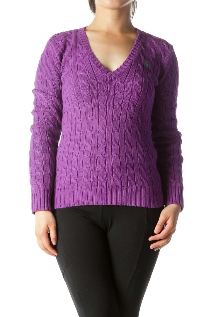 Purple 100% Cotton V-Neck Knit Long-Sleeve Sweater